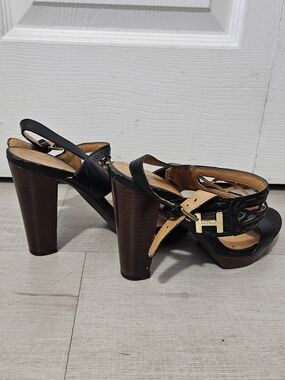 Tommy Hilfiger Black Leather Platform Heels with Brown Wood Block Heel